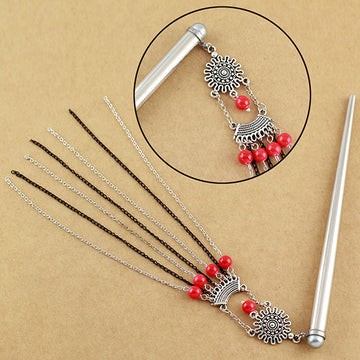 Crystalmood Hollow Stainless Steel Hair Stick w/ Tassels Red